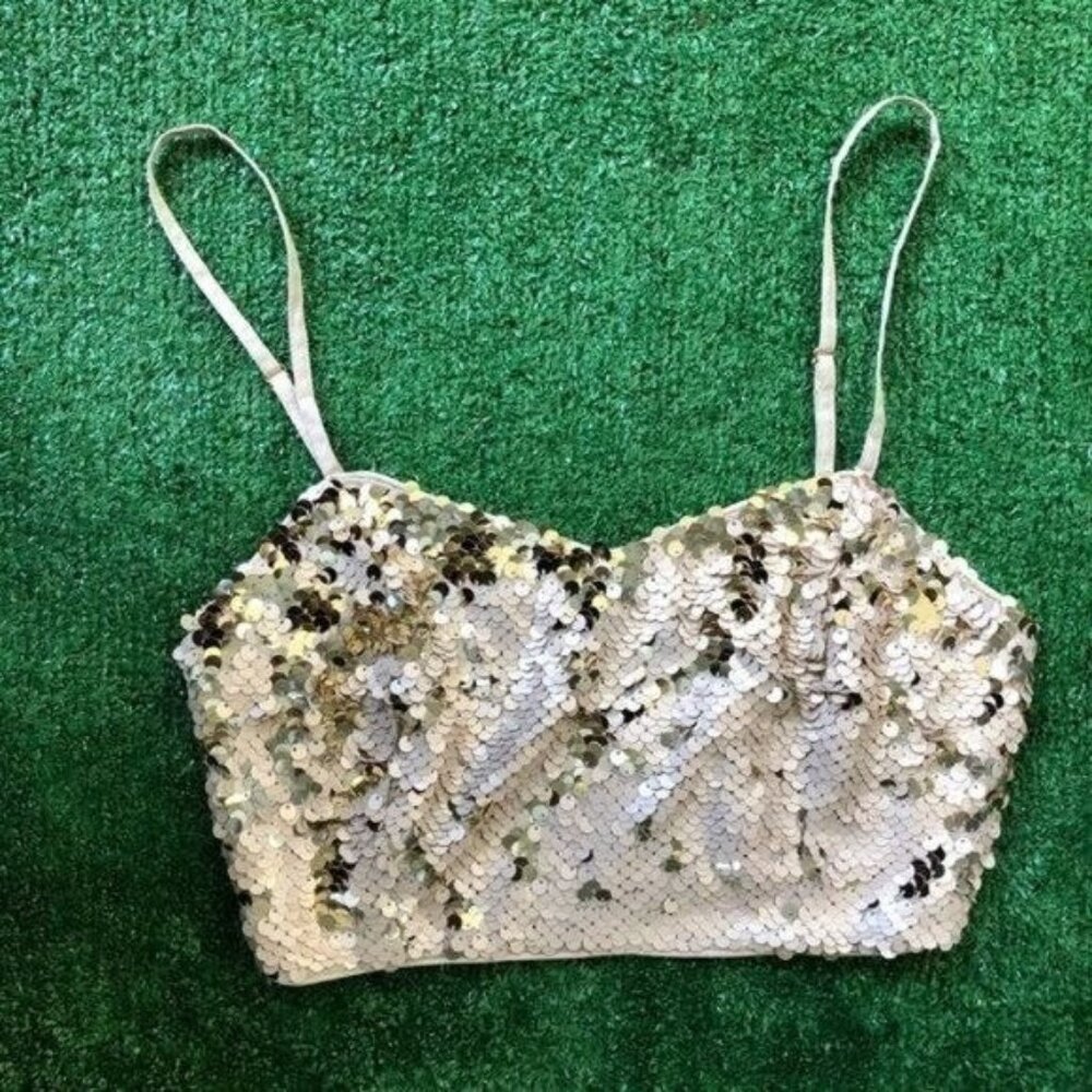Champagne Color Crop Top w/ Sequence Adjustable Straps Festival Knight Out Top - Picture 4 of 6